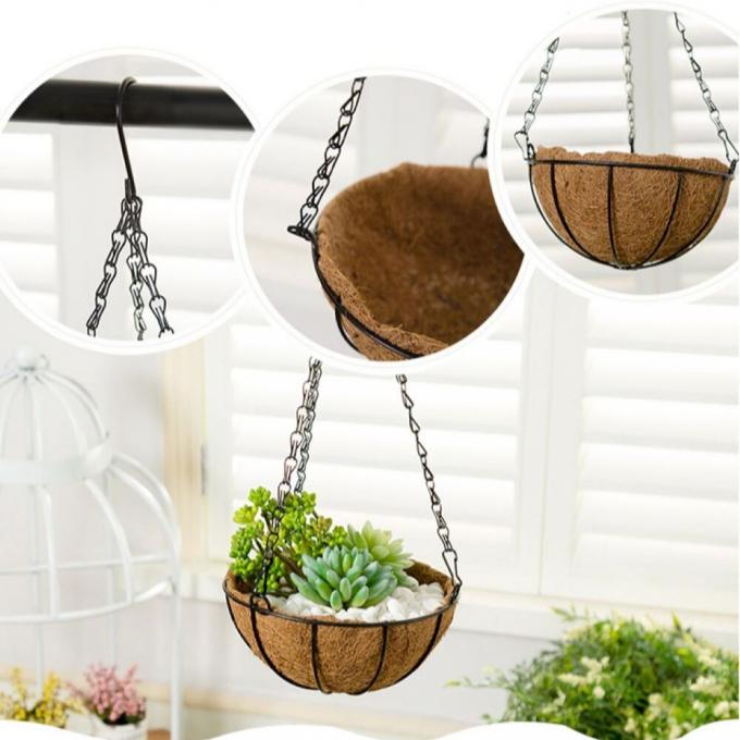 panier suspendu en m&eacute;tal avec liner de coco suspendu panier de fleurs avec cha&icirc;ne plante d'ext&eacute;rieur int&eacute;rieur pot de fleurs 1