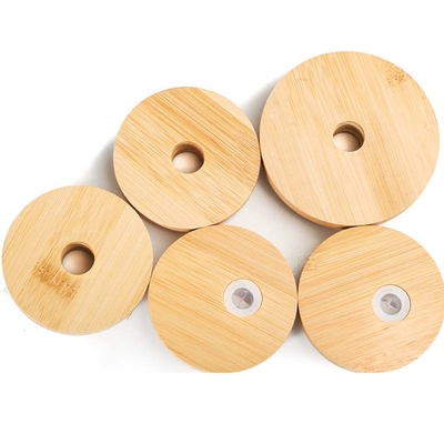 Couvercle en bambou de pot de couvercles réutilisables compatibles de canette de bière avec Straw Hole