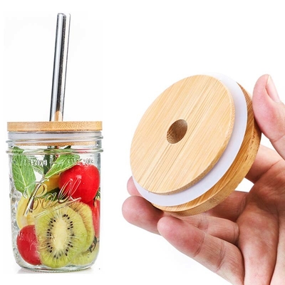 Couvercle en bambou de pot de couvercles réutilisables compatibles de canette de bière avec Straw Hole