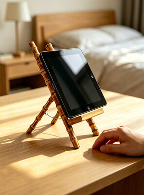 Support de bureau en bambou naturel avec fonction 3-en-1 pour visualiser le téléphone, la tablette et le livre sans mains
