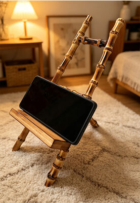 Support de bureau en bambou naturel avec fonction 3-en-1 pour visualiser le téléphone, la tablette et le livre sans mains
